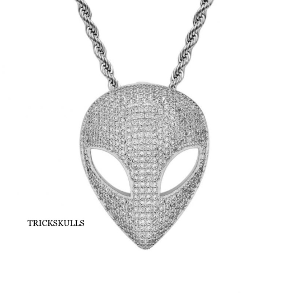 Silver Stainless Iced Micro Pave Alien Pendant Necklace W 24” Hip Hop Rope Chain